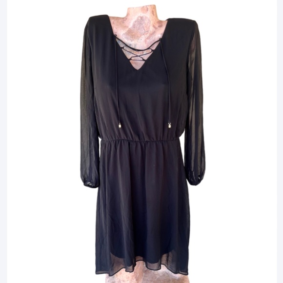 Sheer Lace Up V-Neck Long Sheer Long Sleeve Dress - Picture 2 of 7